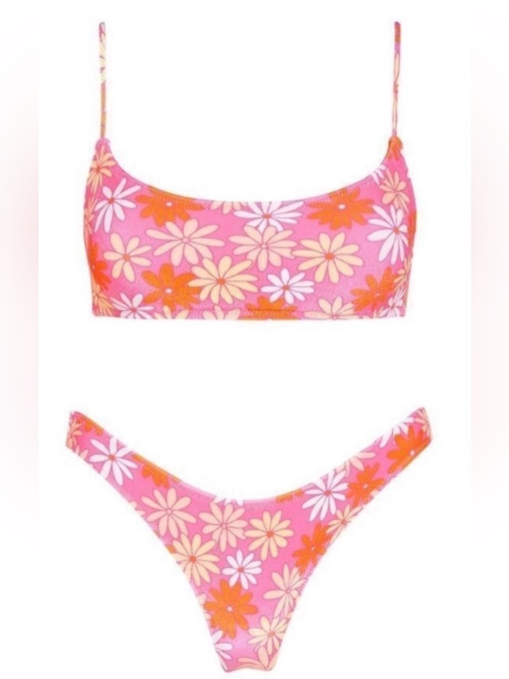 TRIANGL Pink & Orange Floral Velvet Bikini Top (L) / Bottoms (S)